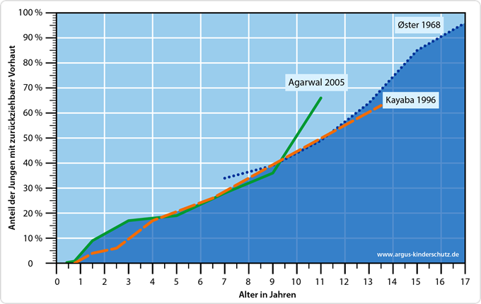 Diagramm zeigt dass bei der Geburt 0% der untersuchten Jungenvorhäute geöffnet waren. Bei Elfjährigen waren 50% der untersuchten Vorhäute geöffnet, und mit 17 Jahren waren es 96%.